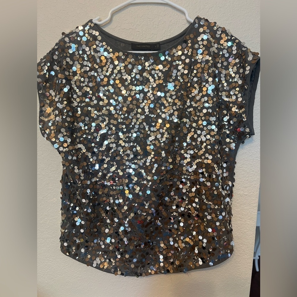 SMALL THE LIMITED Olive Green Blouse Top Gold Silver Sequins Sleveless Relaxed - Picture 16 of 16